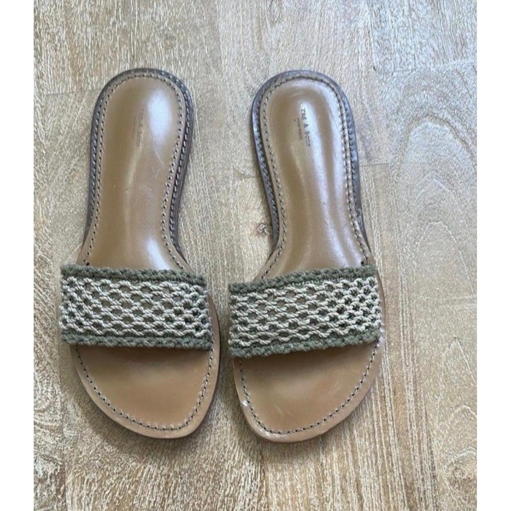 Rag & Bone Olive Green Woven Crochet Leather Flat Slide Sandals 38.5